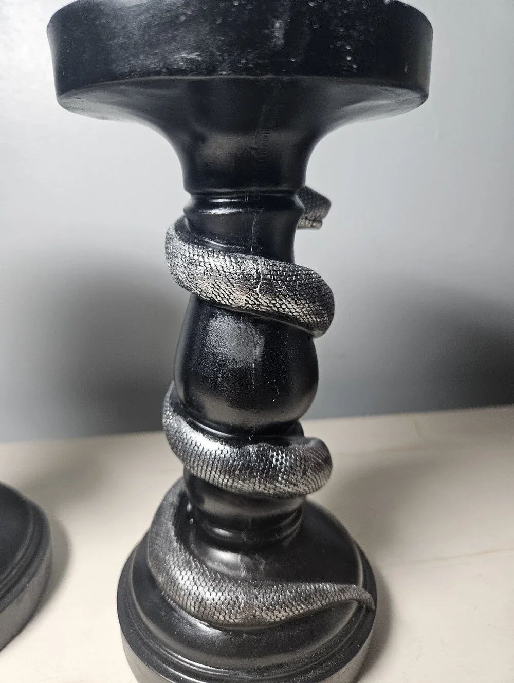Gothic Black & Silver Snake Candlestick Holders - Set of 2 Coiled Serpent Decor
